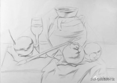 ​素描静物组合明暗素描全过程 罐子、高脚杯、橘子组合